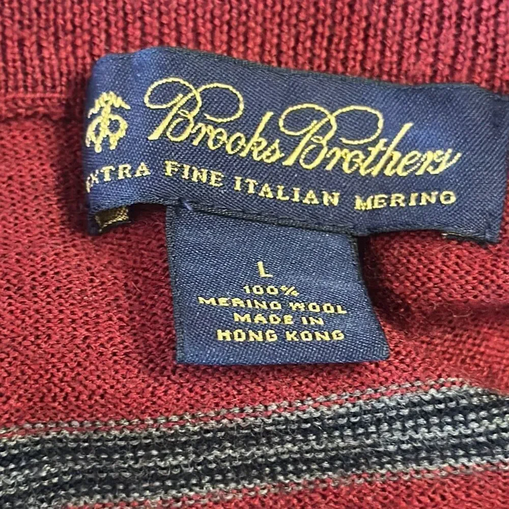 Brooks Brothers Mens Extra Fine Merino Wool Red Blue Gray Striped Sweater size L